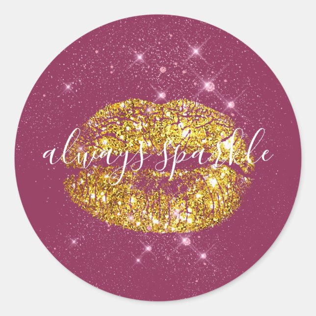 Gold Pink Chic Sparkle Lips Classic Round Sticker (Front)