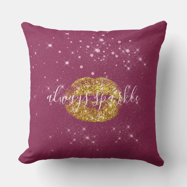 Gold Pink Chic Sparkle Lips Throw Pillow (Front)