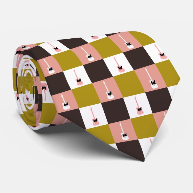 Gold Pink Chocolate Ivory Pink White Guitars Tie (Rolled)