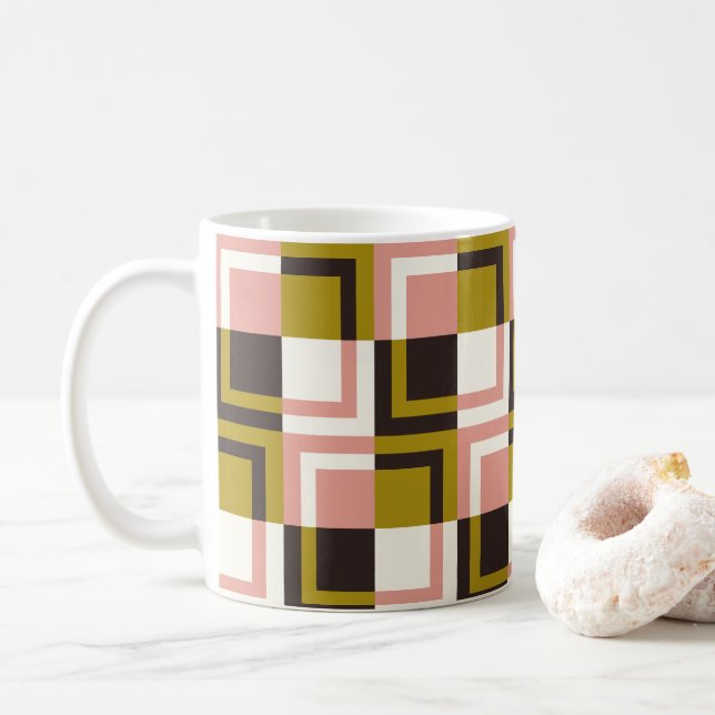 Gold Pink Chocolate Ivory Plaid  Coffee Mug (With Donut)