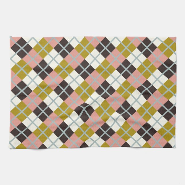 Gold Pink Chocolate Ivory Plaid Kitchen Towel (Horizontal)