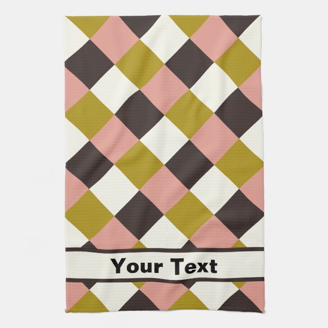 Gold Pink Chocolate Ivory Plaid - Personalized Kitchen Towel (Vertical)