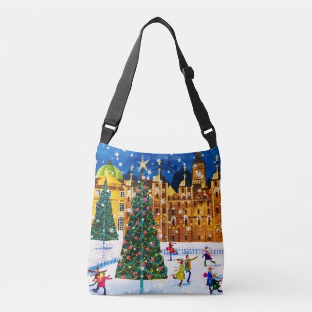 Gold Pink Christmas Winter Ice Skating  Crossbody Bag (Front)