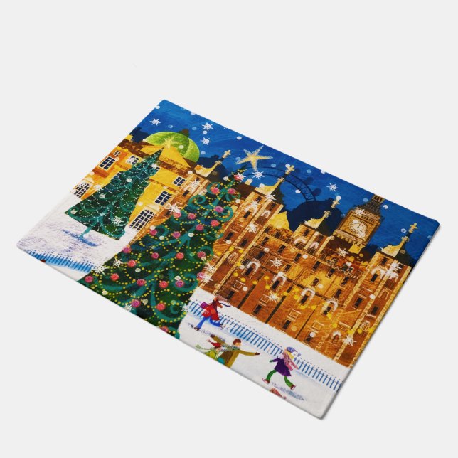 Gold Pink Christmas Winter Ice Skating  Doormat (Angled)