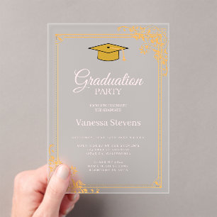 Gold Pink Classic Graduation Cap Party  Acrylic Invitations