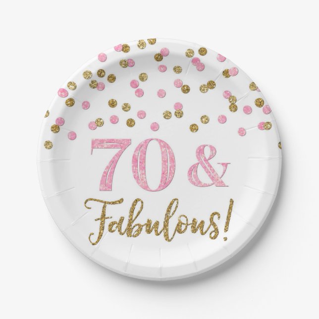 Gold Pink Confetti 70 and Fabulous  Paper Plate (Front)