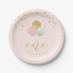 Gold & Pink Confetti, Balloons 1st Birthday Party Paper Plate