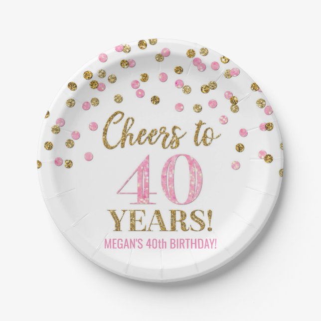 Gold Pink Confetti Cheers to 40 Years Birthday Paper Plate (Front)