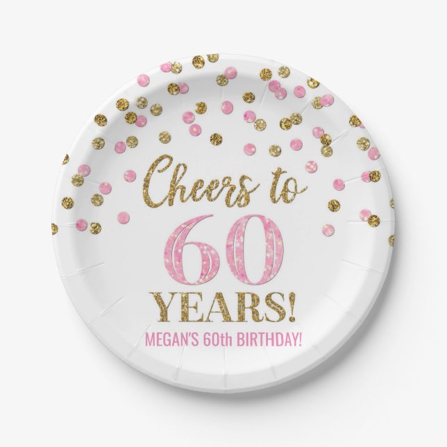 Gold Pink Confetti Cheers to 60 Years Birthday Paper Plate (Front)