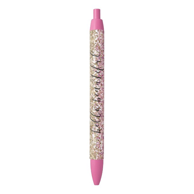 Gold Pink Confetti Glitter Personalized Black Ink Pen (Front Vertical)