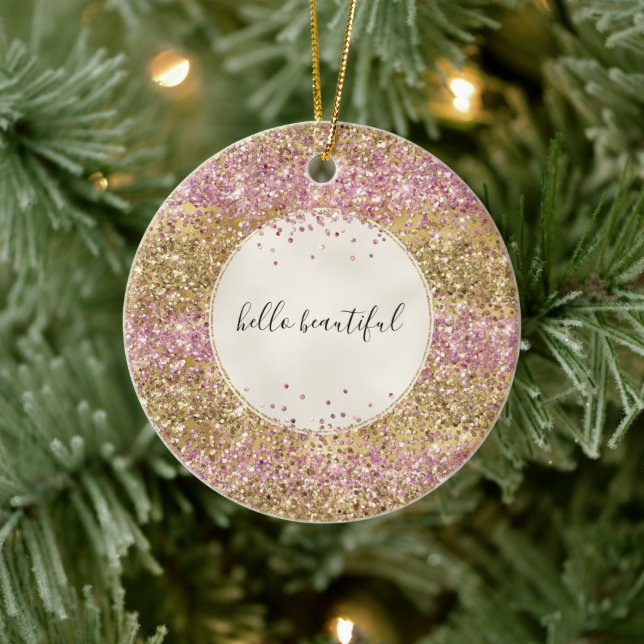 Gold Pink Confetti Glitter Personalized      Ceramic Ornament (Tree)