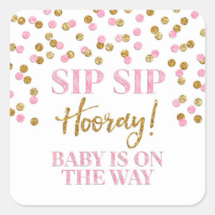Gold Pink Confetti Sip Sip Hooray Square Sticker