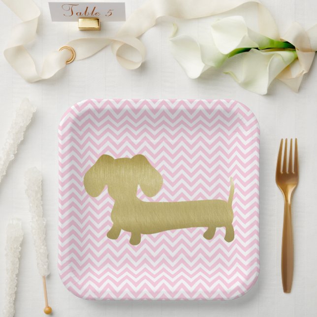 Gold & Pink Dachshund Wiener Dog Party Plates (Wedding)