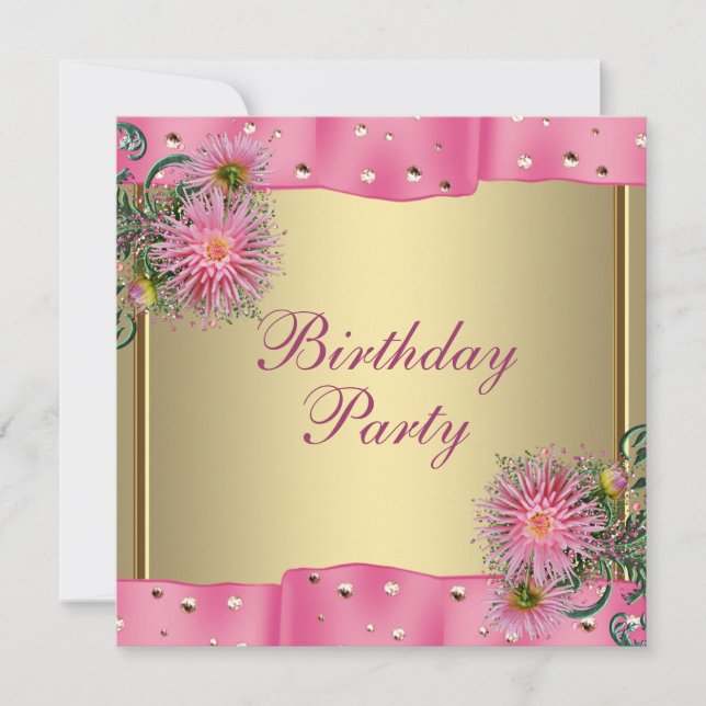 Gold Pink Dahlia Womans Birthday Party Invitation (Front)