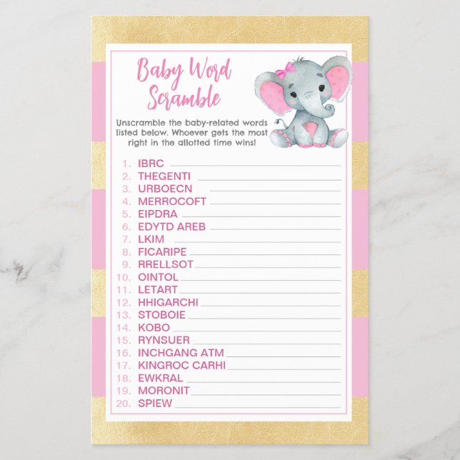 Gold Pink Elephant Baby Word Scramble Game Flyer (Front)