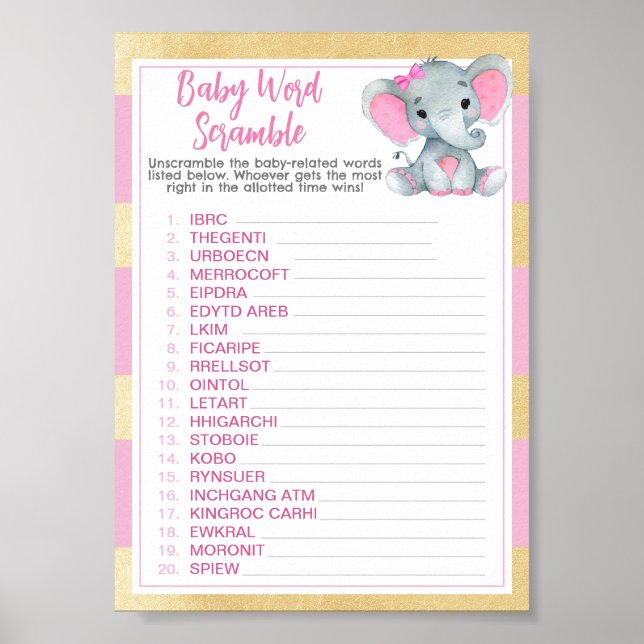 Gold Pink Elephant Baby Word Scramble Game Poster (Front)