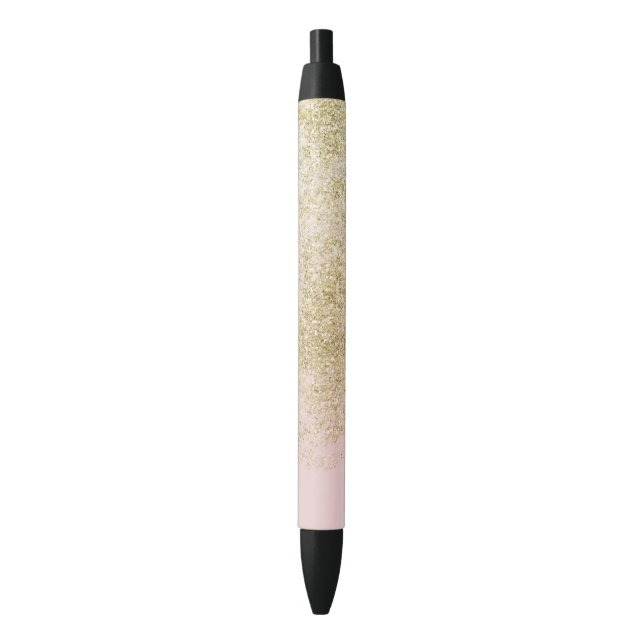 Gold Pink Faux Glitter Black Ink Pen (Front Vertical)