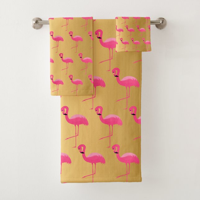 GOLD PINK FLAMINGO BRIGHT BATHROOM TOWEL SET (Insitu)