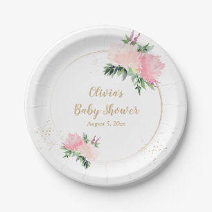 Gold Pink Floral Baby Shower Paper Plate