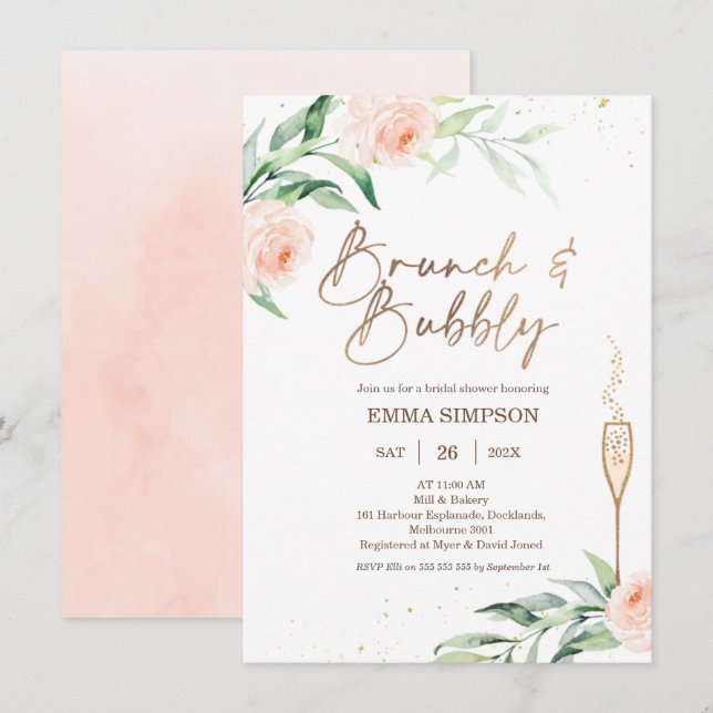 Gold Pink Floral Brunch Bubbly Bridal Shower Invitation (Front/Back)