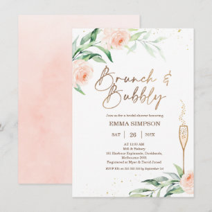 Gold Pink Floral Brunch Bubbly Bridal Shower Invitation