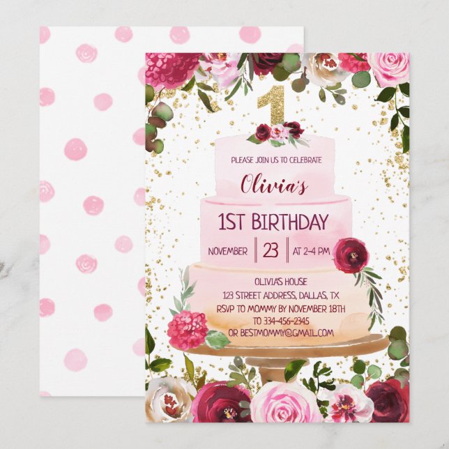 Gold & Pink Floral Cake 1st Birthday Invitation (Front/Back)