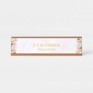 Gold Pink Floral Desk Name Plate