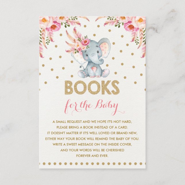 Gold Pink Floral Elephant Bring a Book Insert Card (Front)
