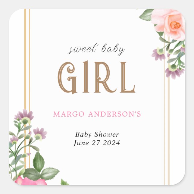 Gold Pink Floral Girl Baby Shower Frame Square Sticker (Front)