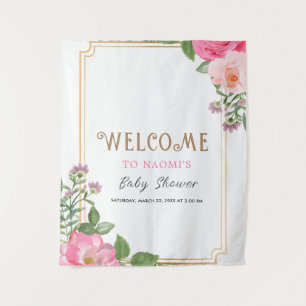 Gold Pink Floral Girl Baby Shower Frame Tapestry