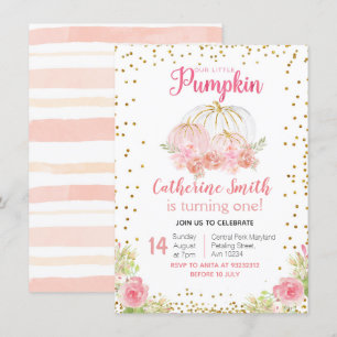 Gold Pink Floral Gold Pumpkin 1st Birthday Invitation