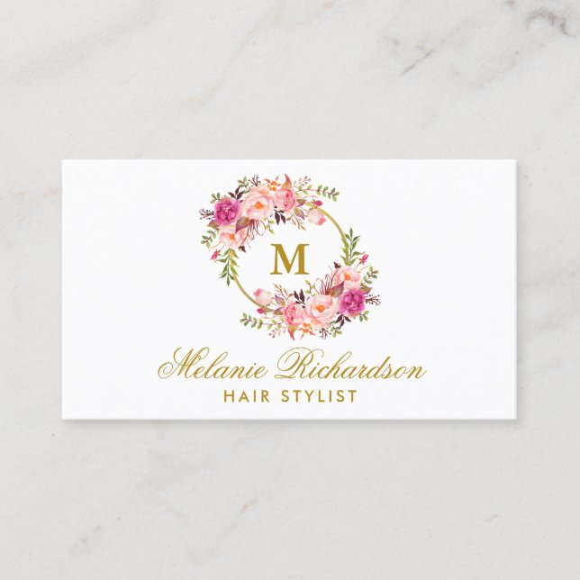 Gold Pink Floral Hair Stylist Appointment Card M (Front)