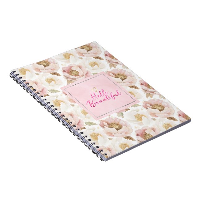 Gold Pink Floral Hello Beautiful  Notebook (Right Side)