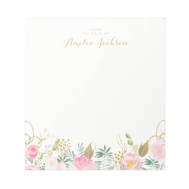 Gold Pink Floral Personalized Stationery Notepad (Front)