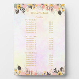 Gold Pink Floral Price List Plaque