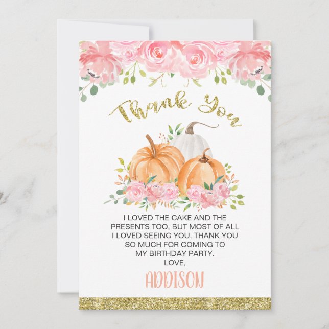 Gold Pink Floral Pumpkin Birthday Thank You Card (Front)