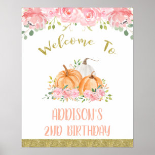 Gold Pink Floral Pumpkin Birthday Welcome Sign