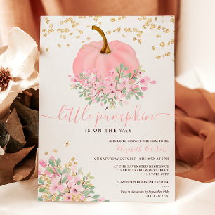 gold pink floral pumpkin watercolor baby shower invitation