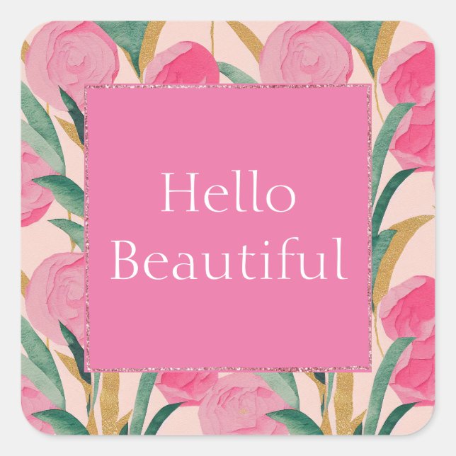 Gold Pink Flowers Square Sticker (Front)
