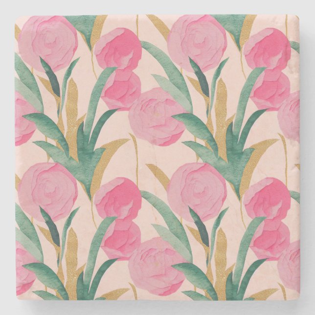 Gold Pink Flowers Stone Coaster (Front)