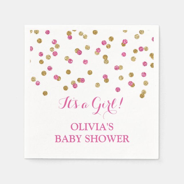 Gold Pink Fuchsia Confetti Baby Shower Napkin (Front)