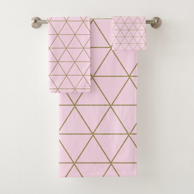 Gold Pink Geometric Triangles Boho Glam Minimal Bath Towel Set (Insitu)