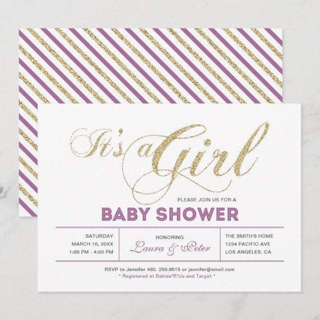 Gold & Pink | Girl, Chic Typography Baby Shower Invitation (Front/Back)