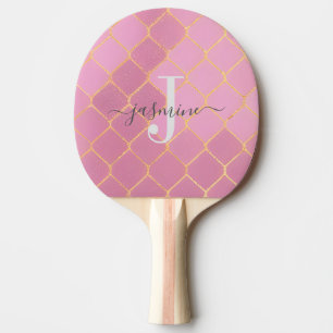 Gold & Pink Girly Glitter Monogram Script Ping Pong Paddle