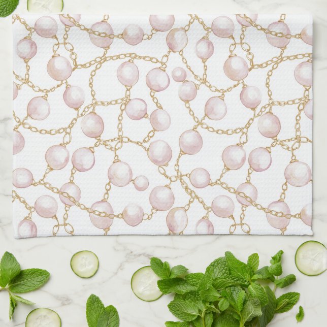 Gold Pink Glam Pearls Bridal Shower Kitchen Towel (Folded)