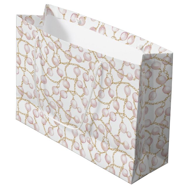 Gold Pink Glam Pearls Bridal Shower Large Gift Bag (Front Angled)