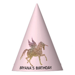 Gold Pink Glitter Flying Unicorn Birthday Party Hat