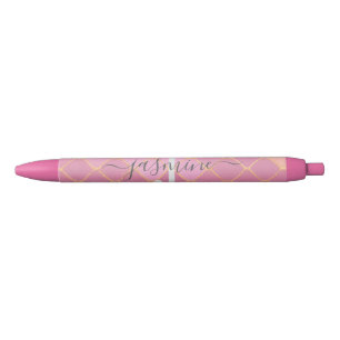Gold & Pink Glitter Monogram Script Black Ink Pen