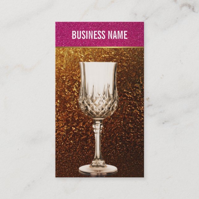 Gold & Pink Glitter Wine Glass Business Card (Front)