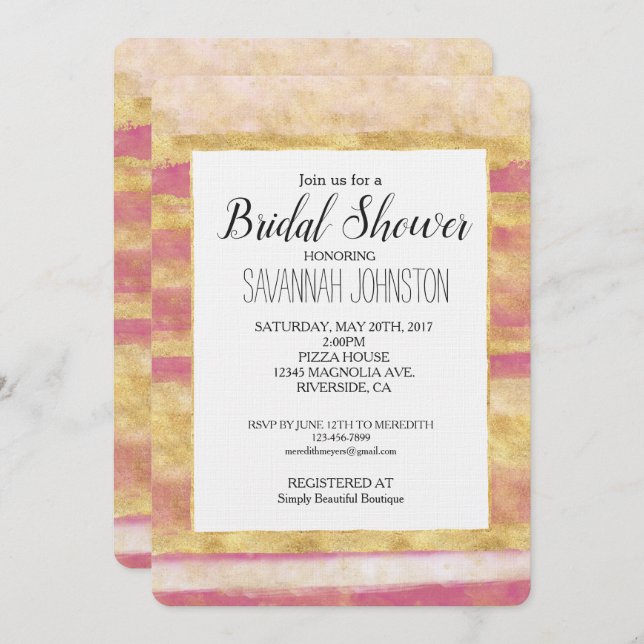 Gold Pink Glitz Stripes Bridal Shower Invitation (Front/Back)